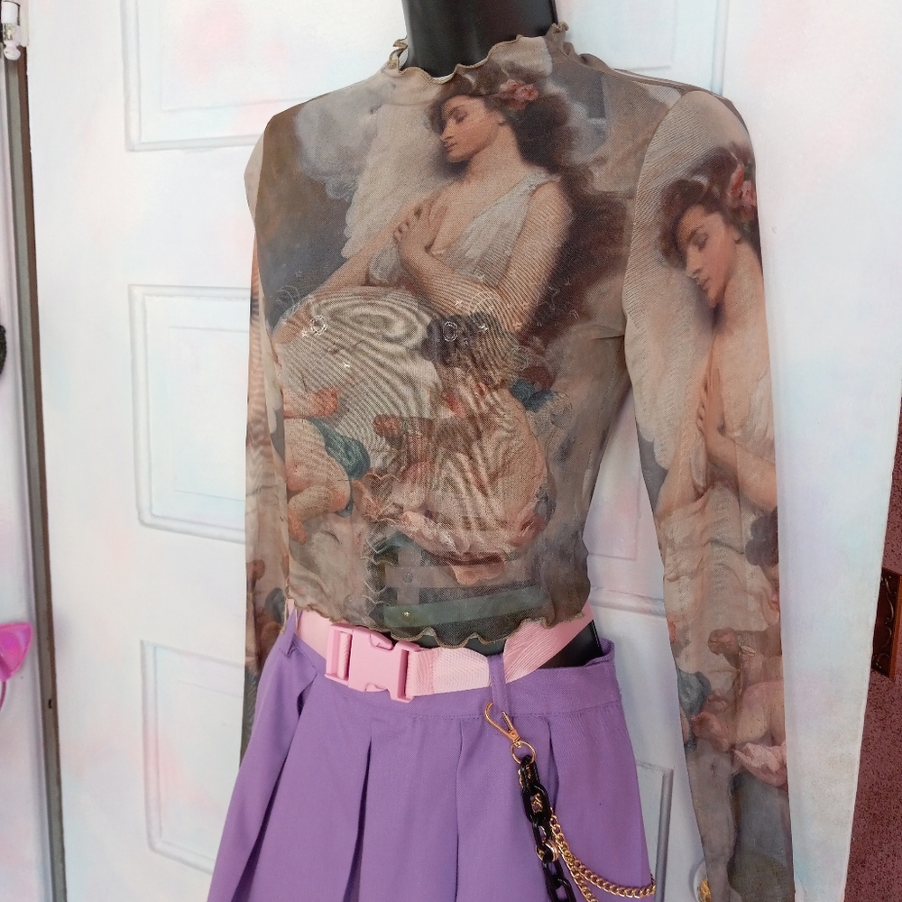Sheer mesh Renaissance angel art lettuce edged mock-turtleneck crop top! Nwot! - Picture 9 of 10
